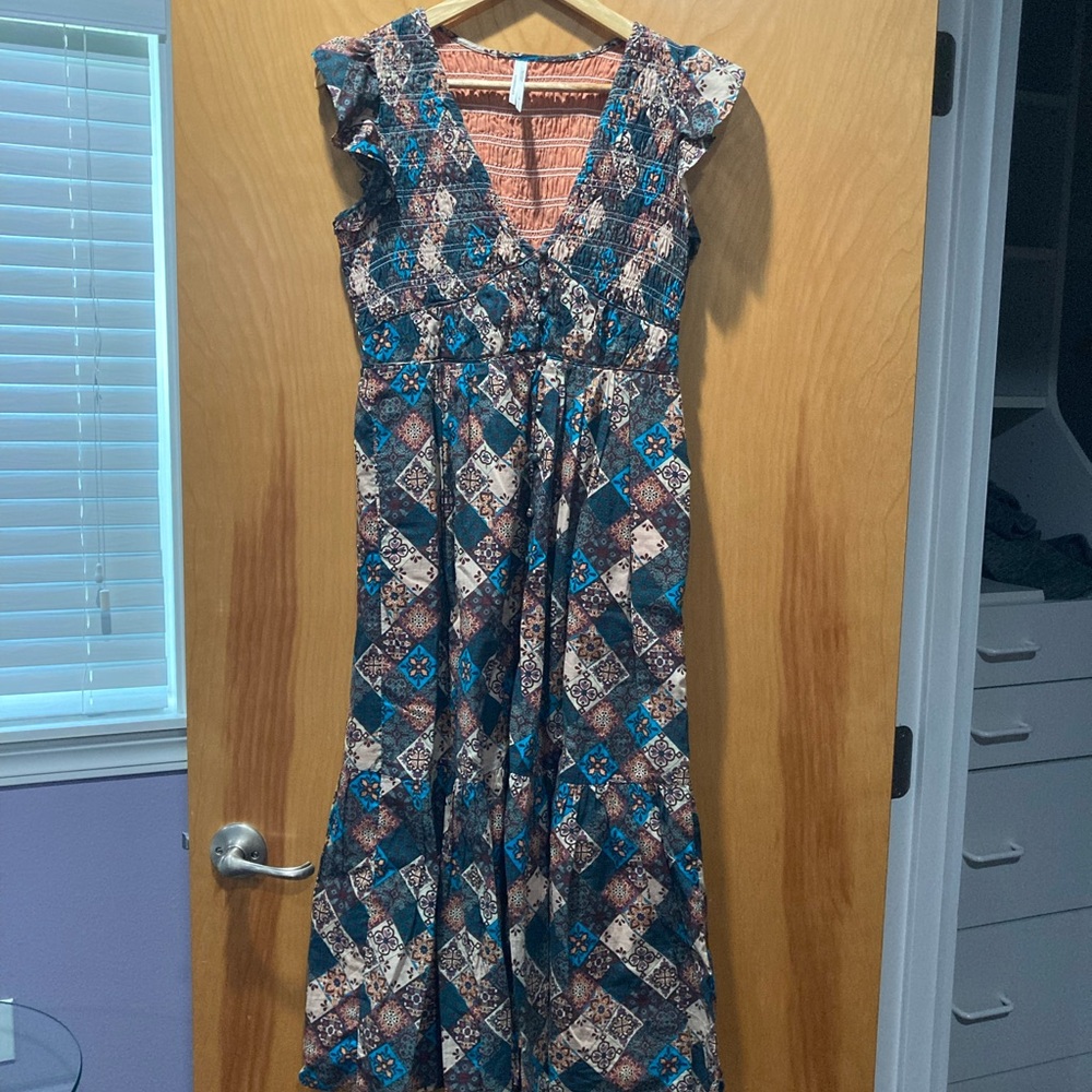 Anthropologie Peregrine dress in a quilt-look pattern. Size small